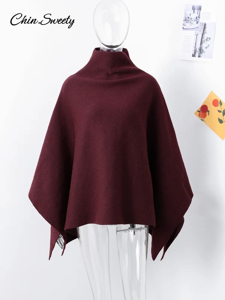Loose Burgundy Cloak Cape Sweater Knit Turtleneck Loose Raglan Sleeve Pullovers Female Autumn Lady Asymmetric Outwear