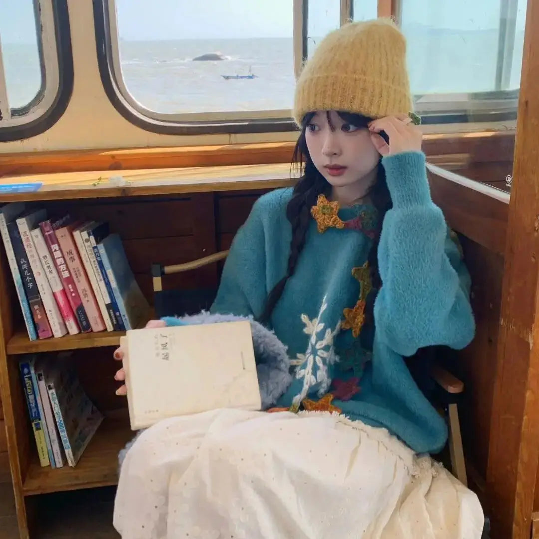 Korean Round Neck Sweater College Style Christmas Blue Snowflake Hook Pattern Imitation Mink Fur Pullover Winter