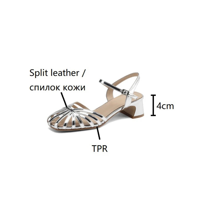 Split Leather Sandals Round Toe Chunky Heel Summer Shoes Narrow Band Shoes for Handmade Shoes Женские Сандалии