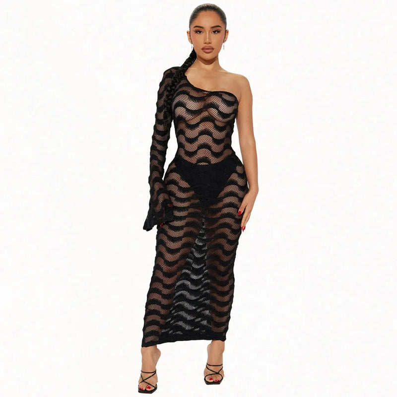 One Shoulder Flare Sleeve Beach Dress See Through Slim Maxi Dress Long Dress Holiday Beach Outfit