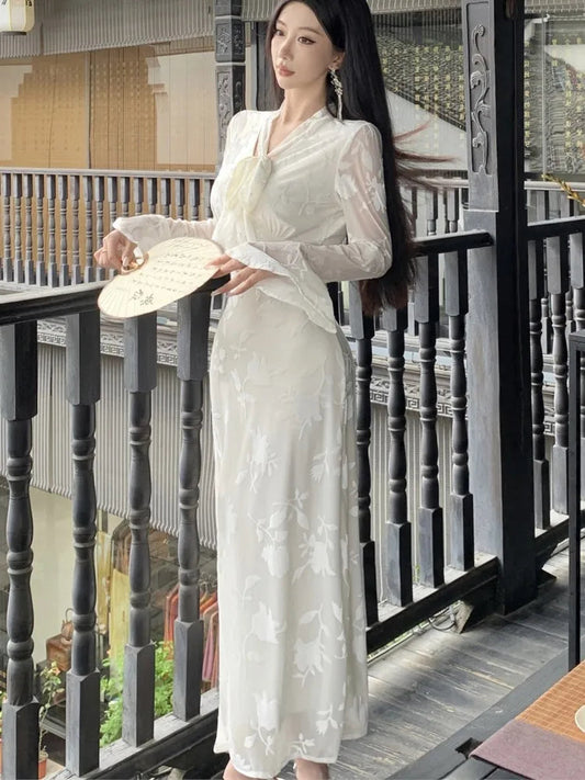 Flare Sleeve Long Dresses for New Autumn Vneck Slim Wedding Runway Party Lace Vestidos Clothing Long Robe