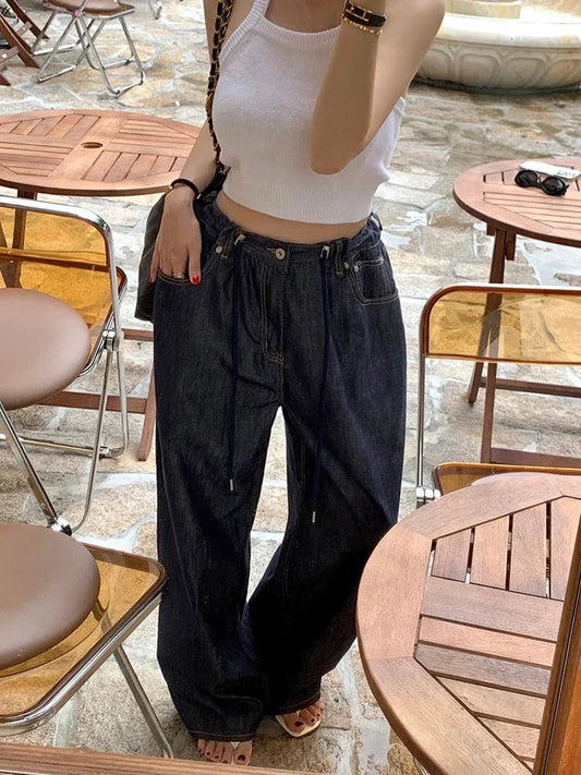 Korea High Waist Jeans New Drawstring Loose All Match Trousers Blue Design Wide Leg Pants Autumn