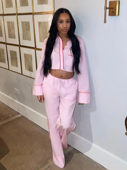 Spring Pink 2piece Set Woman Lapel Long Sleeves Single Breasted Shirts Crop Tops Female High Waist Wide Leg Pant