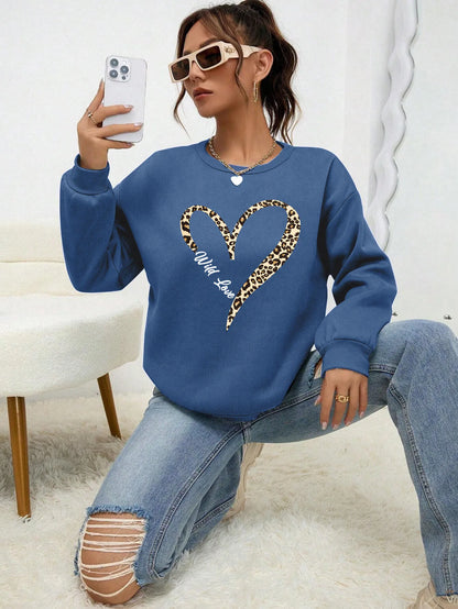 Leopard Wild Heart Pattern Print Female Sweatshirt Street Fur-liner Hooded Hipster New Hoodies All-match Crewneck Tracksuit