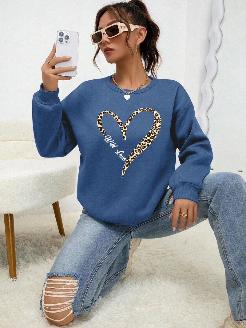 Leopard Wild Heart Pattern Print Female Sweatshirt Street Fur-liner Hooded Hipster New Hoodies All-match Crewneck Tracksuit