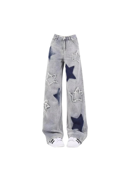 Blue High Waist Star Jeans Korean Y2k 90s Aesthetic Baggy Denim Trouser 2000s Wide Leg Pants Clothes