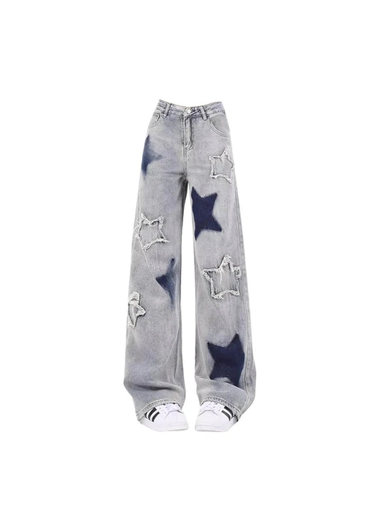 Blue High Waist Star Jeans Korean Y2k 90s Aesthetic Baggy Denim Trouser 2000s Wide Leg Pants Clothes