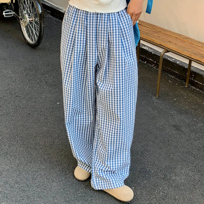 Plaid Wide Leg Pants Pockets Sping Summer High Waist Straight Loose Trousers Female
