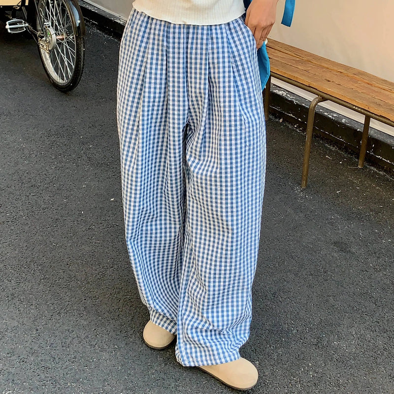 Plaid Wide Leg Pants Pockets Sping Summer High Waist Straight Loose Trousers Female