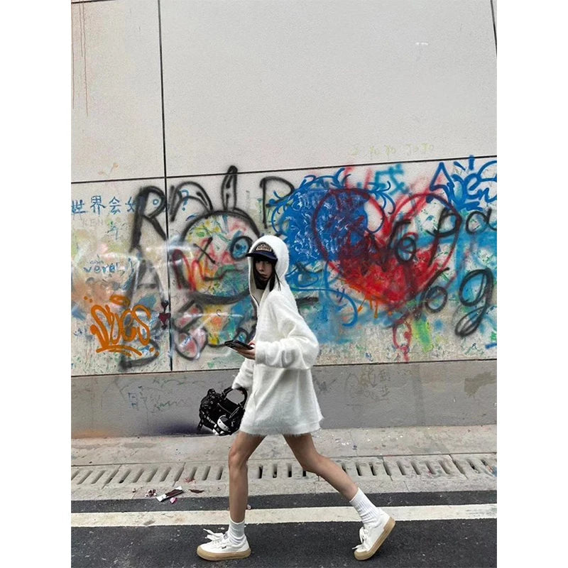 Mohair Hooded Sweater Oversized White Knitted Pullovers Korean Long Sleeve Knitwear Winter Zipper Jumpers