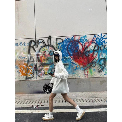 Mohair Hooded Sweater Oversized White Knitted Pullovers Korean Long Sleeve Knitwear Winter Zipper Jumpers