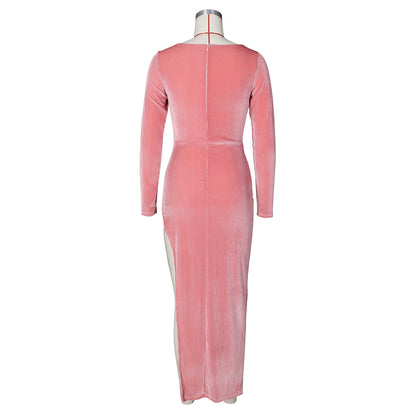 Velvet High Waist Slit Maxi Dress Long Sleeve Evening Party Dress