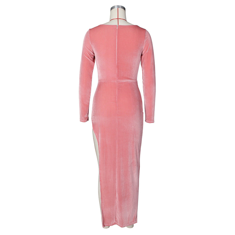 Velvet High Waist Slit Maxi Dress Long Sleeve Evening Party Dress