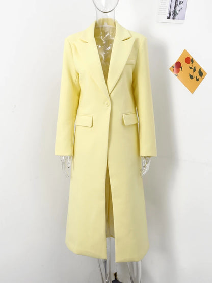 Woolen Long Coat Autumn Full Sleeve Button Fake Pocket Split Yellow Overcoat Oversize New in Outwear