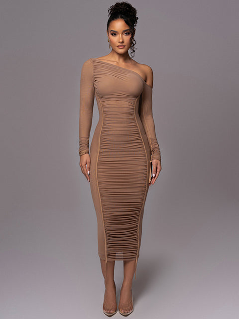 Diagonal Collar Long Sleeve Midi Dress for Two Layer Mesh Backless Ruched Bodycon Club Party Long Dress