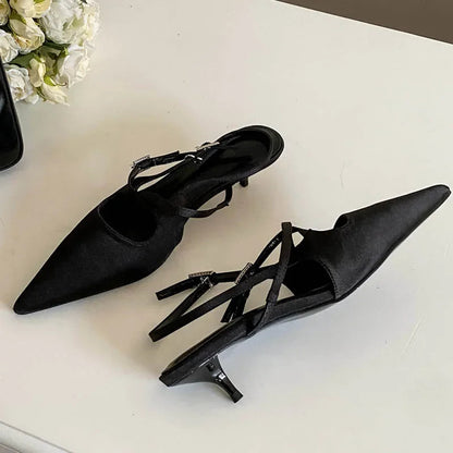 Narrow Band Buckle Strap Woman Pumps Pointed Toe Thin Low Heels Party Dress Female Shoes