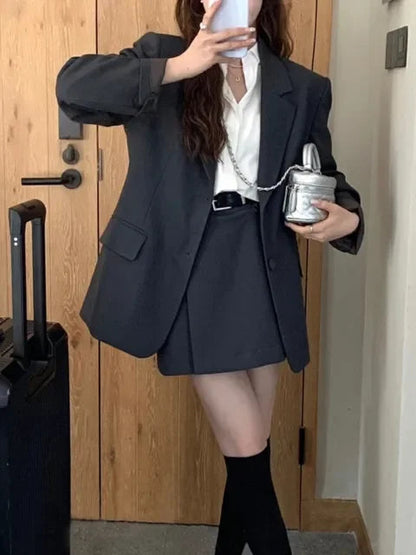 Korean Blazer Two Pieces Set Loose Jackets Coat Mini Skirts Suit Female Formal Outfits