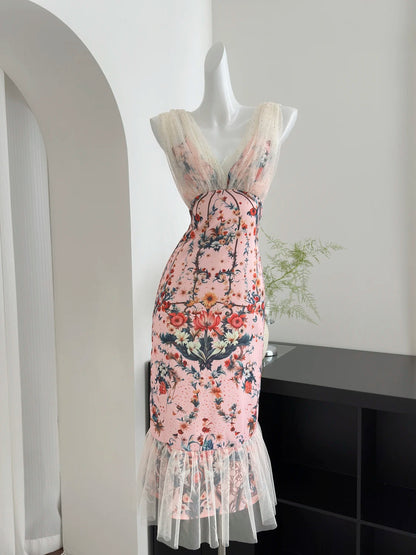 French Y2k Vneck Midi Dress Evening Party Dress Beach Style Retro One Piece Dress Korean