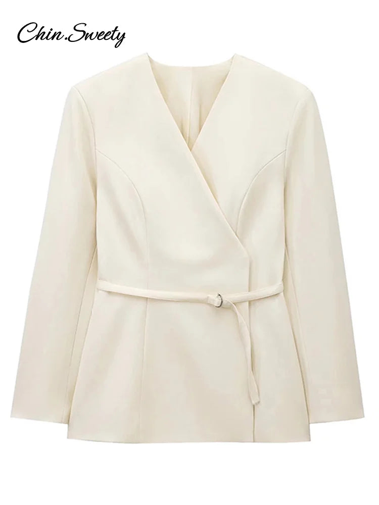 Slim Belt Blazer Coat for V Neck Buckle Long Sleeve Suit Jacket Spring Lady Commute High Waisted Outwear New