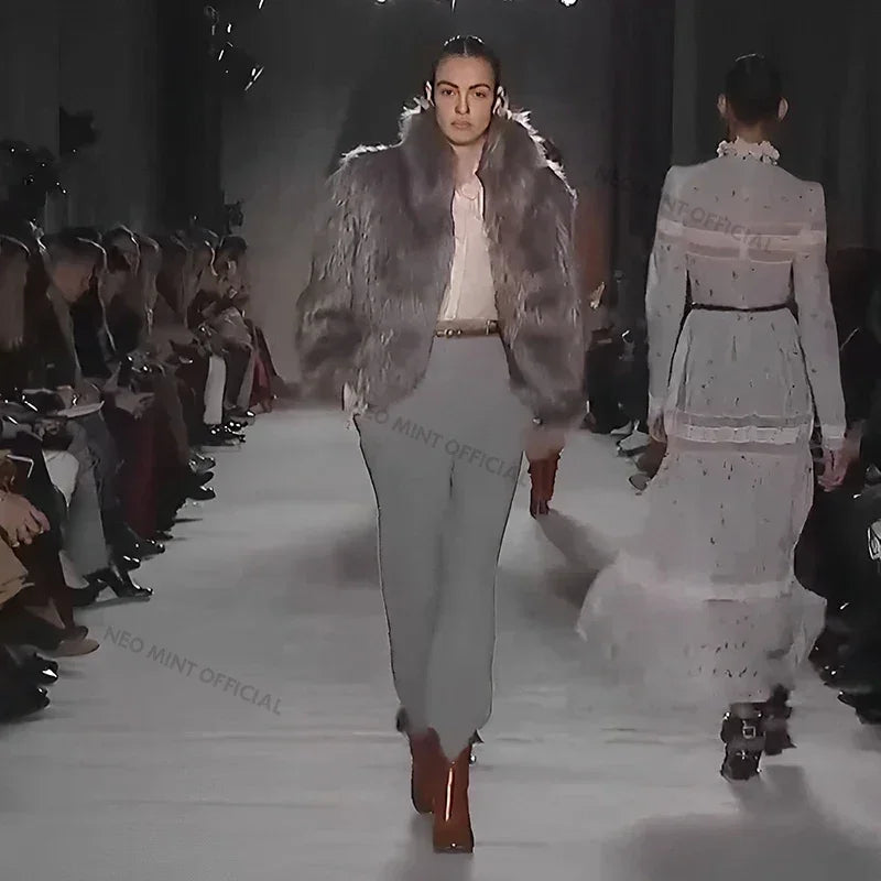 Brand Runway Fluffy Faux Fur Coat Luxurious Fox Fur Stand Collar Short Jacket Winter Overcoat