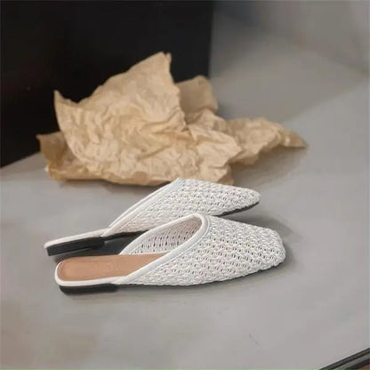 Shoes Slippers Soft Slides Slipers Cover Toe Low Loafers Fretwork Heels Comfort Flat Basic Fabric Rubber Cane Pu