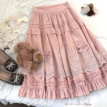 Embroidered Lace Ball Gown Skirts Bow Selvedge Lotus Leaf Skirt Clothing Sweet Age Reduction Kawaii Skirt