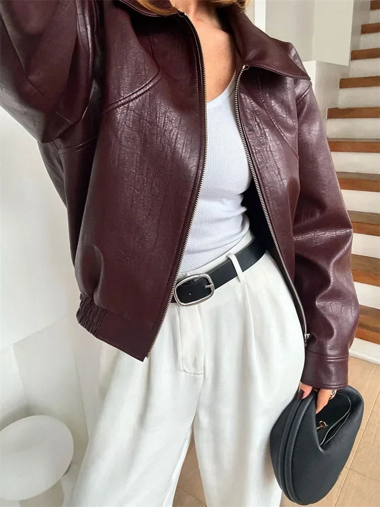 Autumn Lapel Pu Outwear Female Zipper Pocket Patchwork Long Sleeve for Cropped Jacket Top