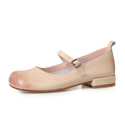 Round Toe Pumps Low Heels Genuine Leather Office Working Shoes Woman Spring Summer Retro Style