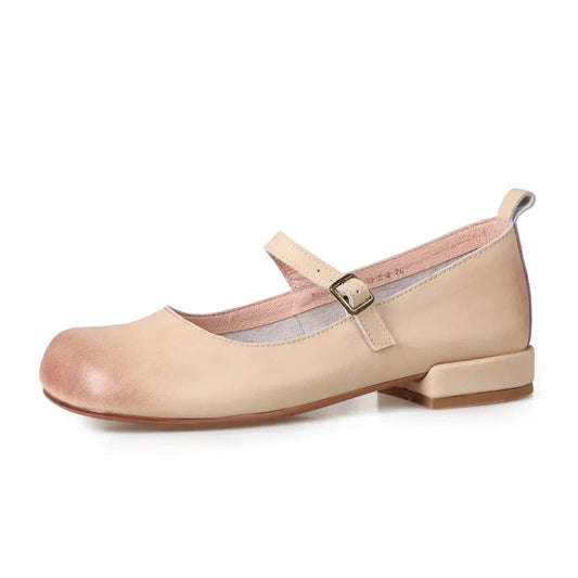 Round Toe Pumps Low Heels Genuine Leather Office Working Shoes Woman Spring Summer Retro Style