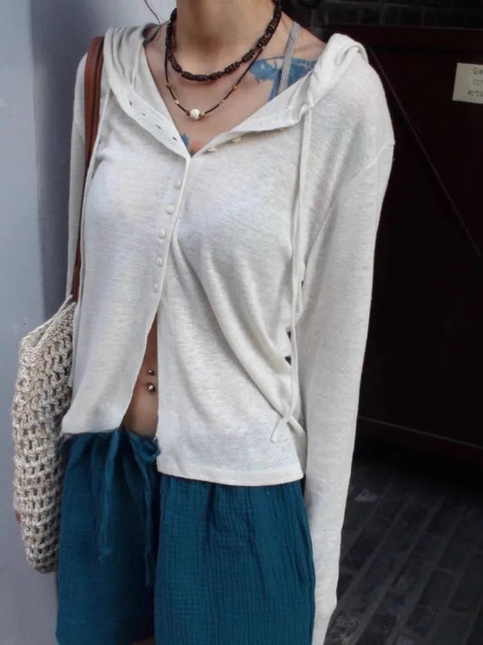 Simple Thin White Cardigan Tops Mujer Spring Autumn New Hoodie Sweaters for Long Sleeve Single Breasted Tshirts
