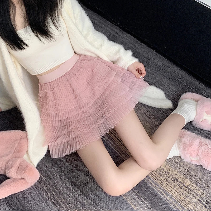 Black Tulle Mini Skirt Aesthetic Kawaii Ruffles Pink Mesh Skirts Summer Korean High Waist a Line Skirt