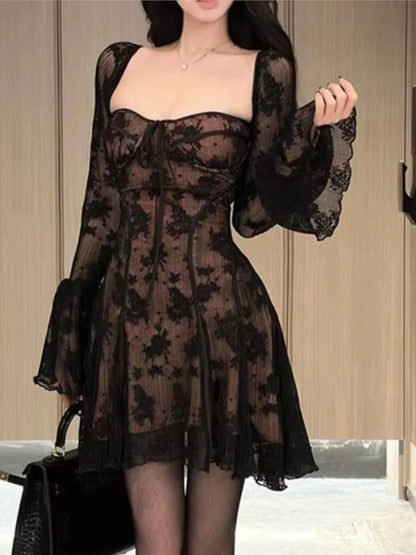 French Lace Mini Dress Y2k Off Shoulder Lace Up Ruffles Aline Autumn Spring Long Sleeve Party Dress Prom Vestidos