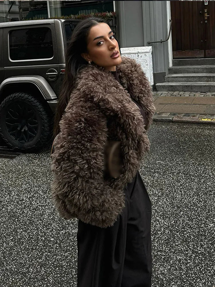 Winter Warm Fluffy Faux Fur Coat New Lapel Long Sleeve Thick Furry Jacket Lady Thermal Outerwear