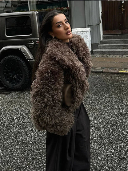Winter Warm Fluffy Faux Fur Coat New Lapel Long Sleeve Thick Furry Jacket Lady Thermal Outerwear