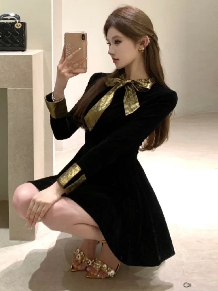 Evening Dresses Bow Velvet Long Sleeve Slim Birthday Party Cocktail Mini Dress