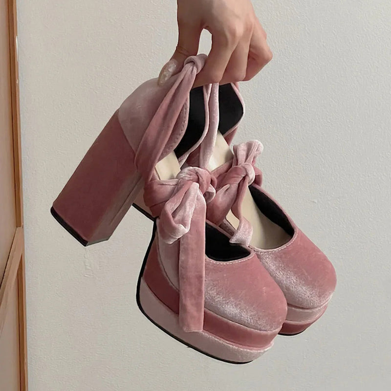 Spring Summer Pumps Double Platform Thick High Heels Velvet Ankle Strap Sweet Pumps Lolita Pink Shoes