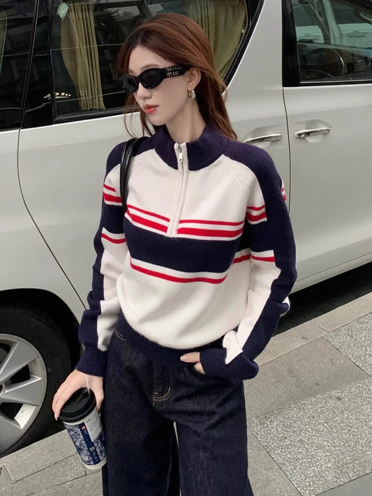 American Retro Striped Sweater Half Zipper Knitwear Pullovers Oversized Raglan Sleeve Winter Clothes