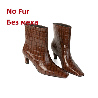 Stone Pattern Leather High Heels Autumn Winter Short Shoes Office Lady Party Dancing Shoes Ankle Boots