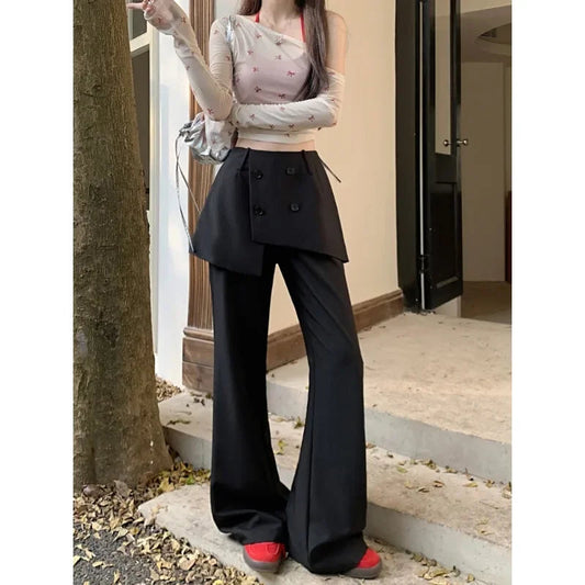 Fake Twopiece Multibutton Color Wide Leg Pants Autumn New High Waist Skirt Stitching Loose Pants