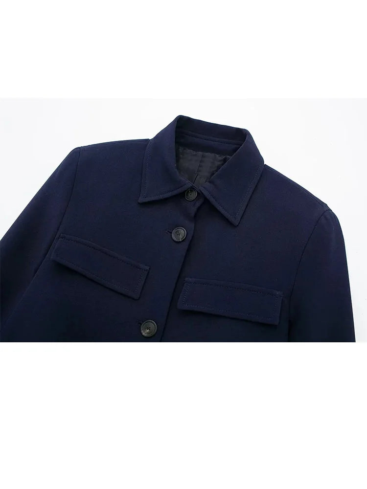 Spring Lapel Cropped Jacket Woman Long Sleeve Fake Pockets Coat Female Single Breasted Jackets