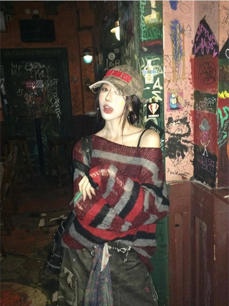 Grunge Y2k Striped Sweaters Hollow Out Ripped Long Sleeve Knitted Pullovers Off Shoulder