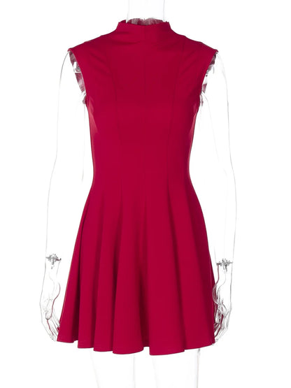 Sleeveless Folds Mini Dress ’s Color High Waist Outfits Half Turtleneck Club Party Dress A-line