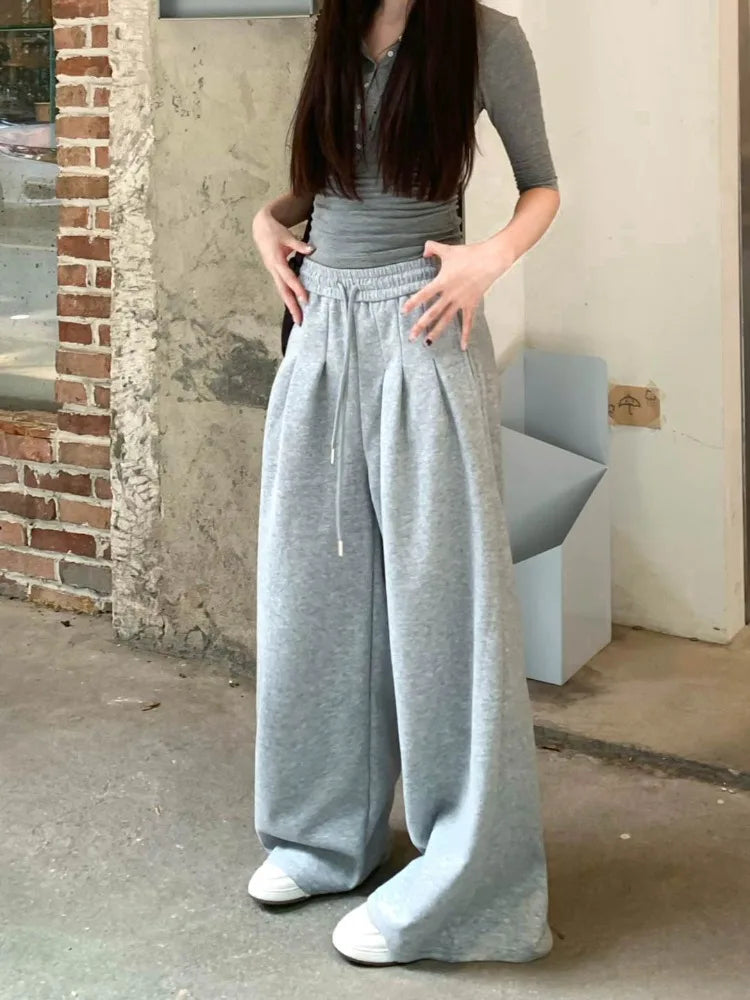 Gray High Waist Wide Sweatpants American Retro Y2k Harajuku Hip Hop Oversized Sports Pants Autumn