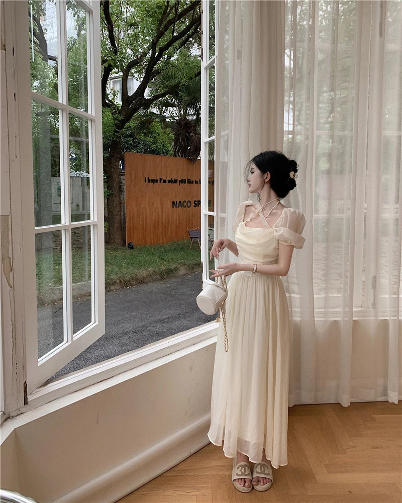 Summer Halter Midi Dress Female Chiffon Square Neck Party One Pieces Dresses French New Vestidos Robe