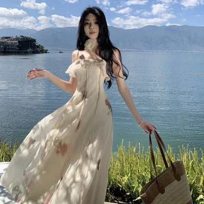 French Dress Summer New Chiffon Sleeveless Rose Print Backless Midi Dress Spaghetti Strap Dresses