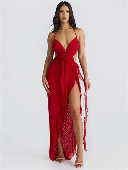 Printed Mesh Long Dress Lace-up Backless Hollow Out Ruffled Bandage Dress ’s Dress Summer