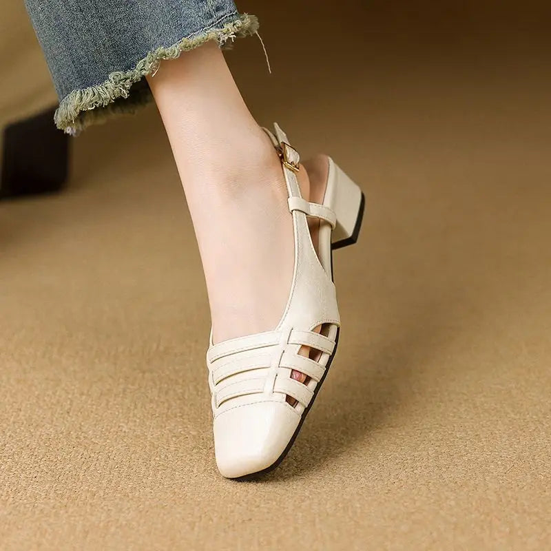 Design Sandals Square Toe Block Heels 3.5cm Back Buckle Strap Big Size 43 Dating Shoes 31 32