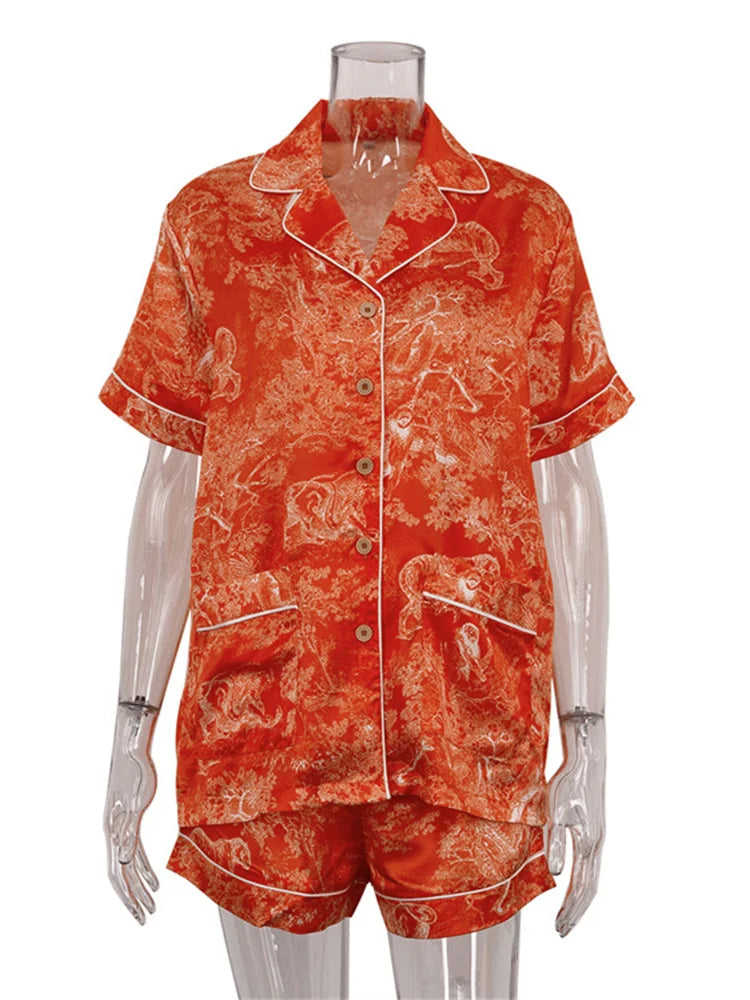 Printed 2 Piece-set Beach Clothes ’s Loose Pocket Lapel Outwear and High Waist Shorts Sets Summer Female Sets