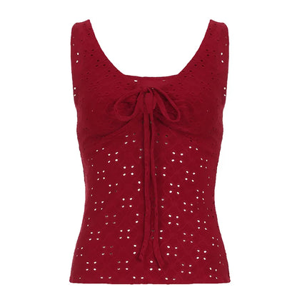 Christmas Red Lace Up Cut Out ��s Tanks Sleeveless Design V-neck Backless Exquisite Blouses