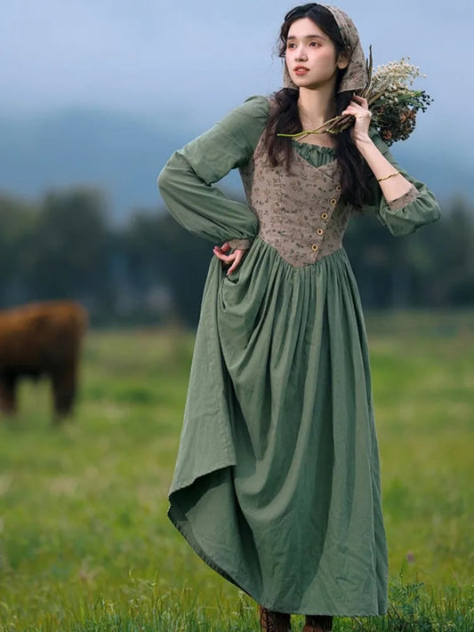 Autumn Long Dresses for Country Style Mori Slim Long Sleeve Fake Twopiece Dress Robe
